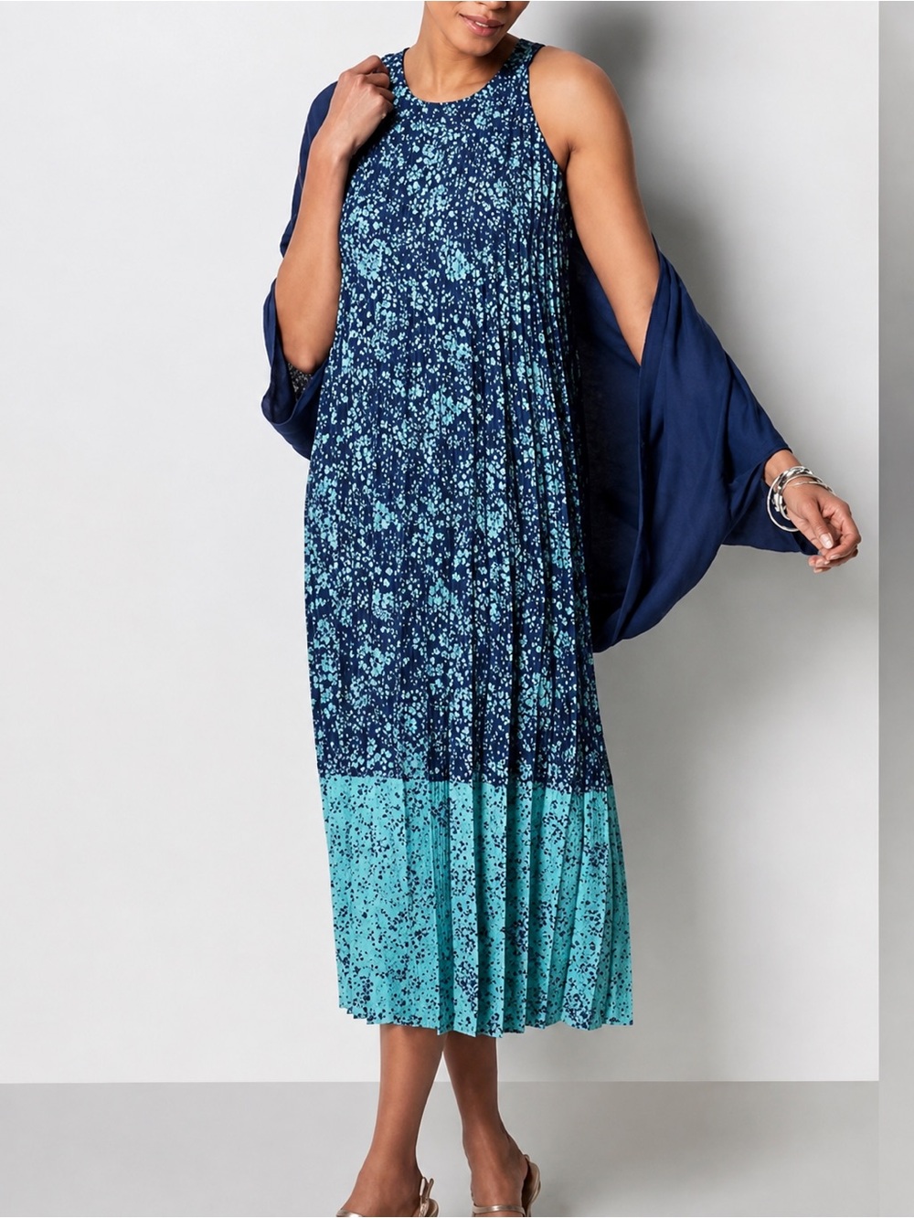 NWT J. Jill Wearever Collection Blue Floral Accordion Pleated Maxi Dress